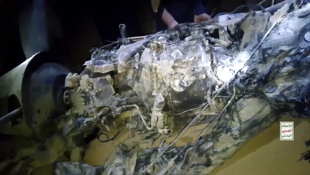 A supposed downed U.S. drone at al-Jawf Provine, Yemen, in a still from video released on Nov. 8, 2024. (Houthi Military Media via Reuters/Screenshot via The Epoch Times)