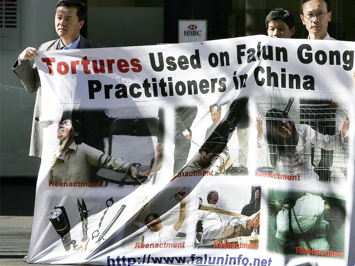 Supporters of Falun Gong display a banner near Chinatown in Sydney, on July 20, 2005, showing torture re-enactments. (Greg Wood/AFP/Getty Images)