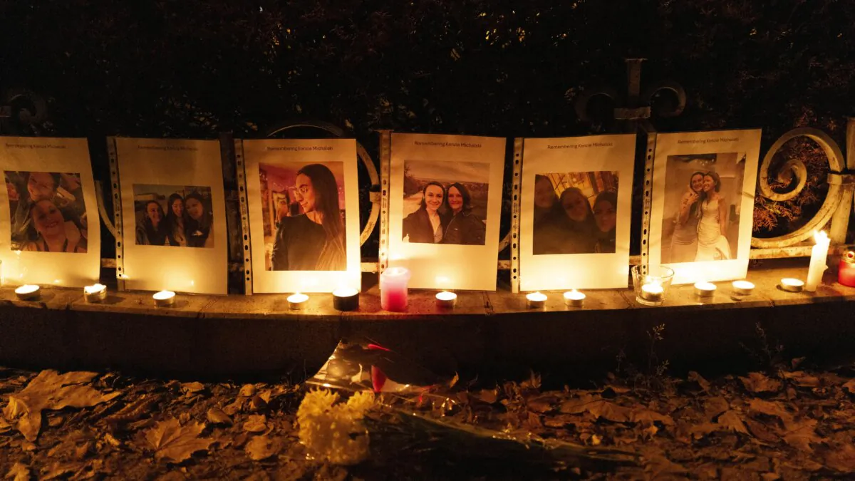 Mackenzie Michalski, an 31-year-old American tourist who was murdered while on vacation, hang at a candlelight vigil in Budapest, Hungary, on Nov. 9, 2024. (Bela Szandelszky/(AP Photo)