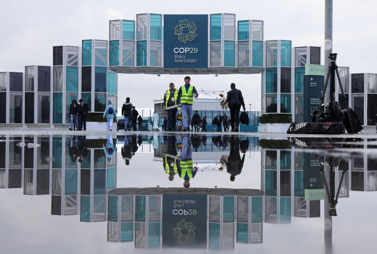 People outside the conference venue prior to the COP29 Climate Conference in Baku, Azerbaijan, on Nov. 9, 2024. (Sean Gallup/Getty Images)