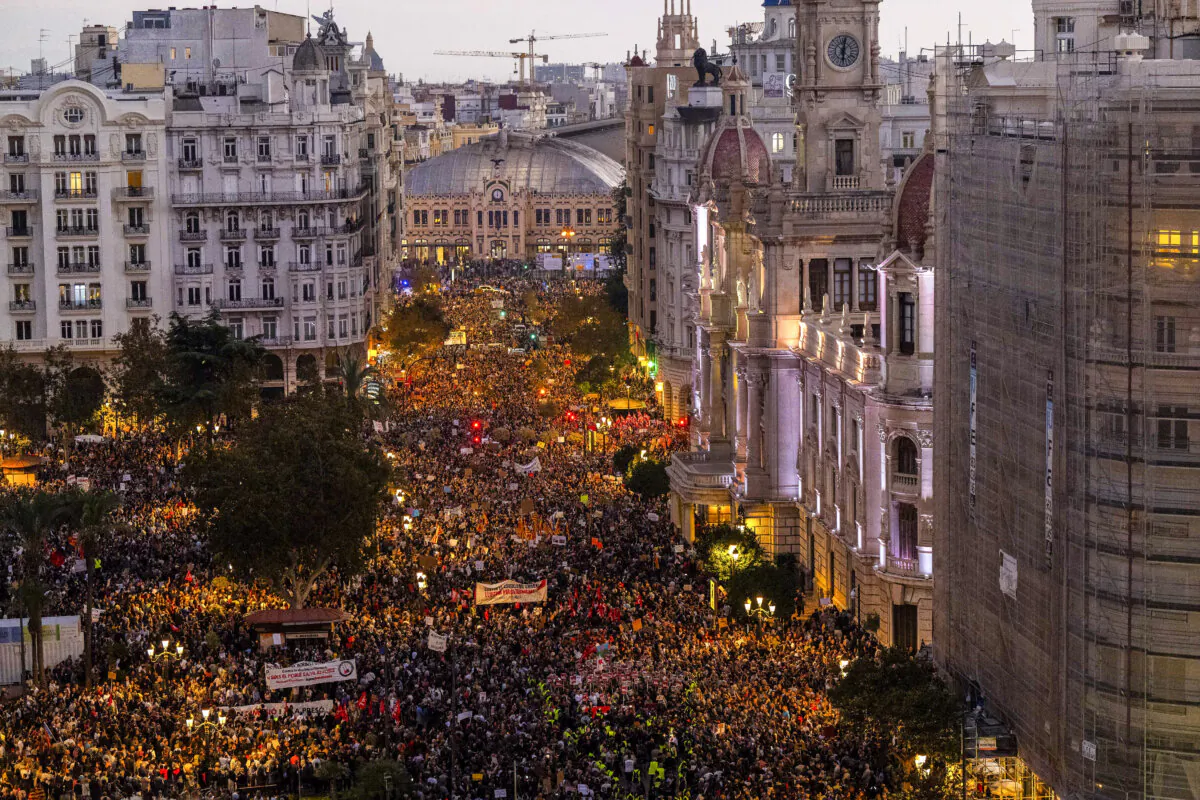 Demonstrators gather prior to a march to portest against Valencia local government as the area recovers from last week's widespread flooding in Valencia, Spain on Nov. 09, 2024. (David Ramos/Getty Images)