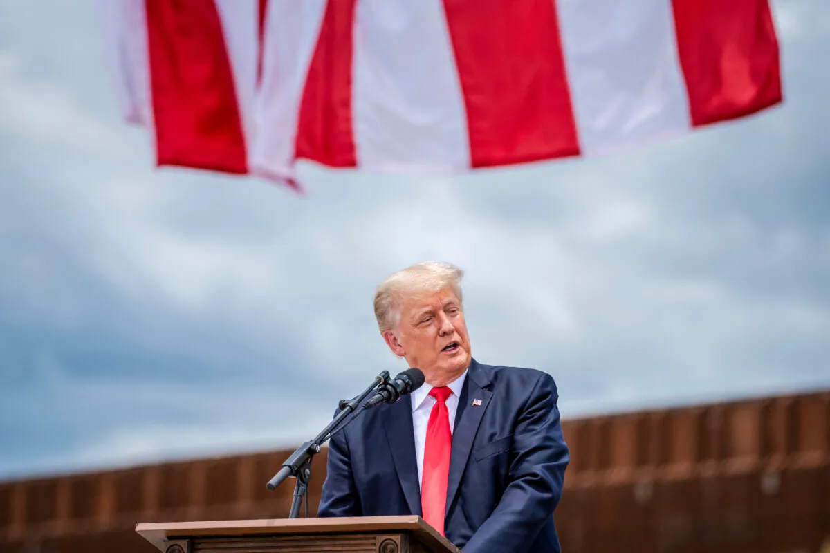 Former President Donald Trump speaks during a visit to the U.S.–Mexico border wall near Pharr, Texas, on June 30, 2021. (Sergio Flores/AFP via Getty Images)