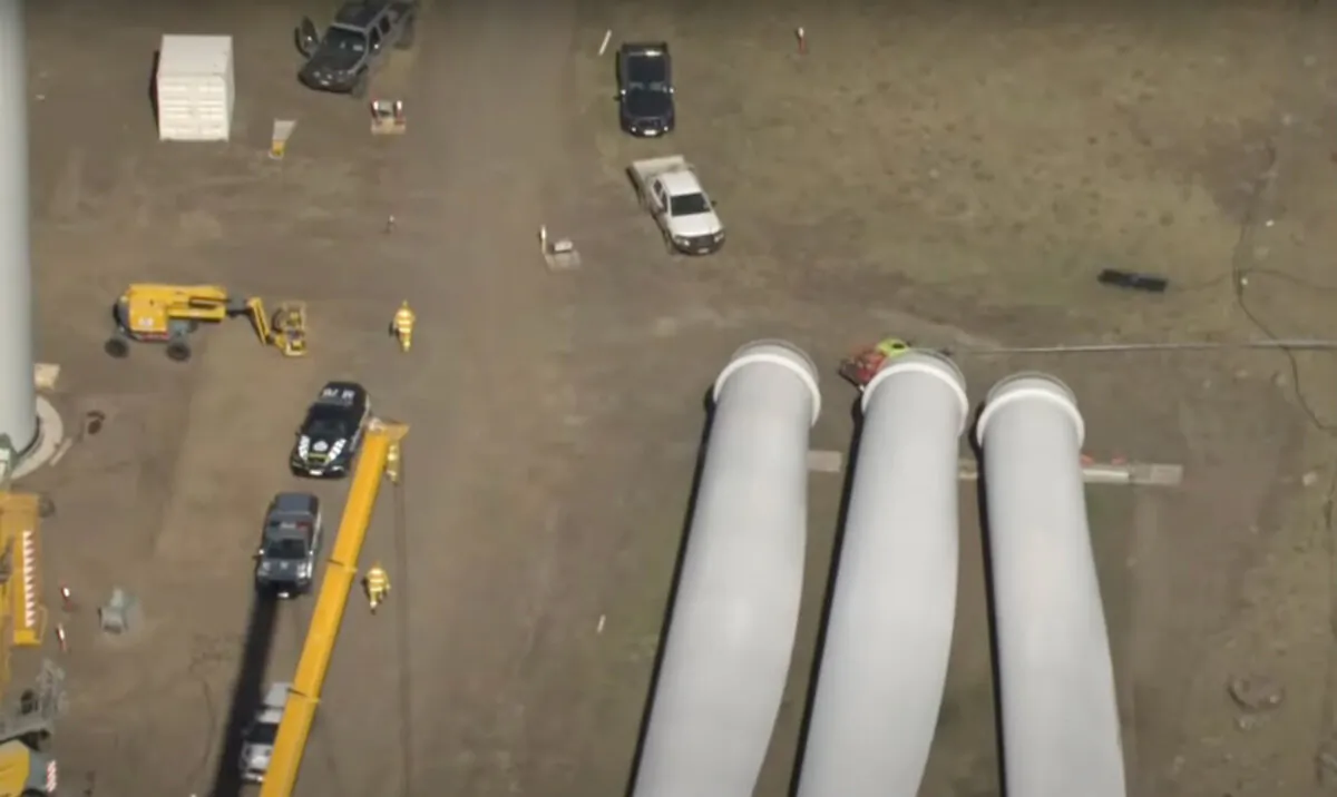 A supplied screenshot from ABC news on Nov. 11, 2024, shows the scene where a worker was crushed beneath a fan blade during construction of the Golden Plains Wind Farm at Rokewood, Victoria in Australia. (AAP Image/Supplied by ABC News)