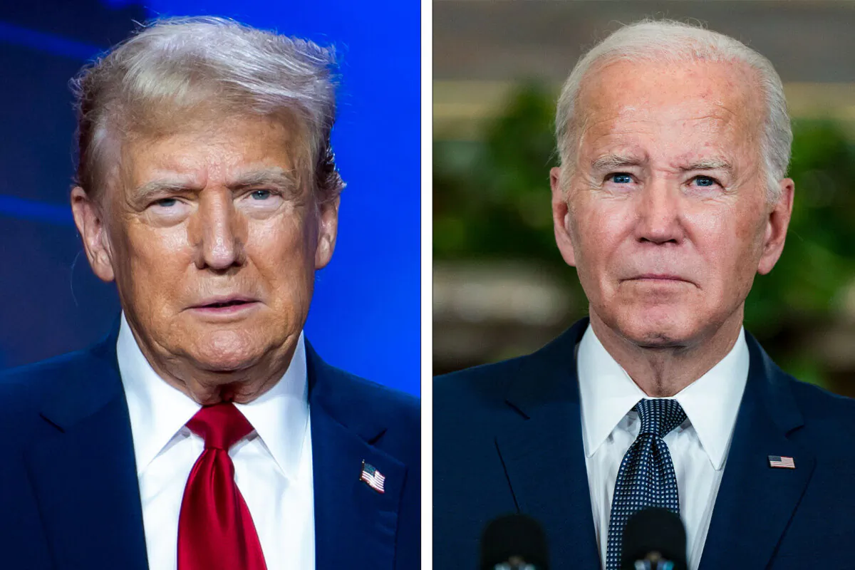 (Left) Former President Donald Trump on June 22, 2024. (Right) President Joe Biden on Nov. 15, 2023. (Madalina Vasiliu/The Epoch Times; Kent Nishimura/Getty Images)
