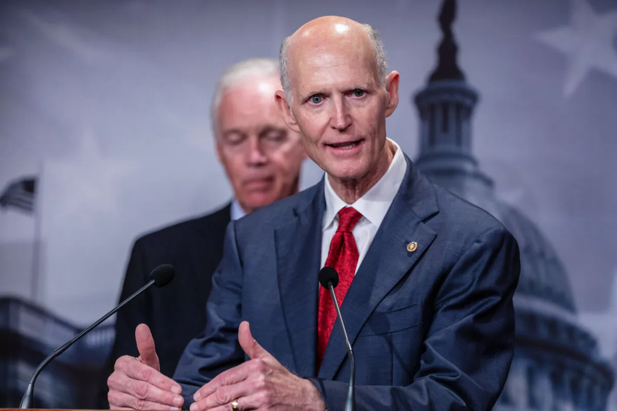 U.S. Sen. Rick Scott (R-Fla.) speaks to reporters on the Safeguard American Voter Eligibility (SAVE) Act at the U.S. Capitol on Sept. 11, 2024. (Anna Rose Layden/Getty Images)
