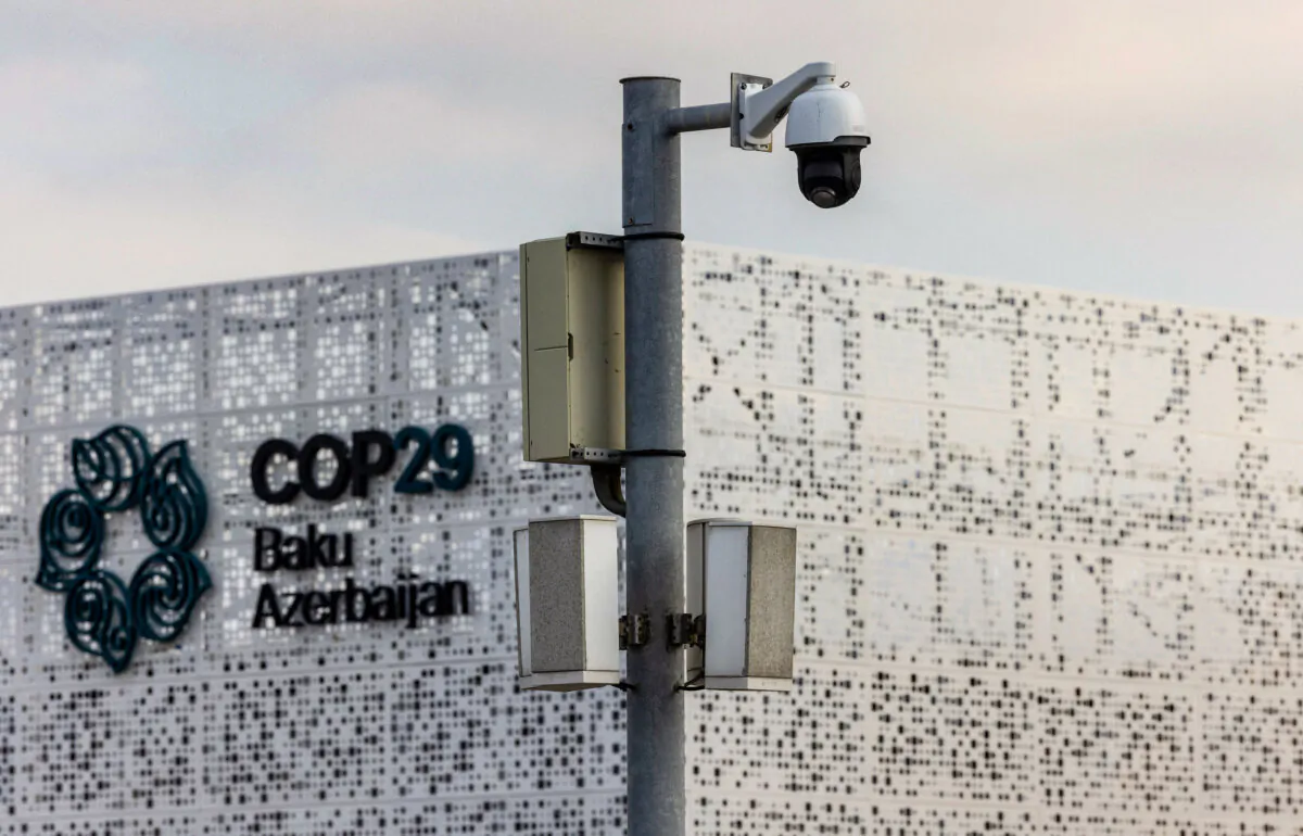 A CCTV camera on a pole near the entrance to the venue of the United Nations climate change conference ahead of the summit beginning in Baku, Azerbaijan, dated Nov. 10, 2024. (Maxim Shemetov/Reuters)