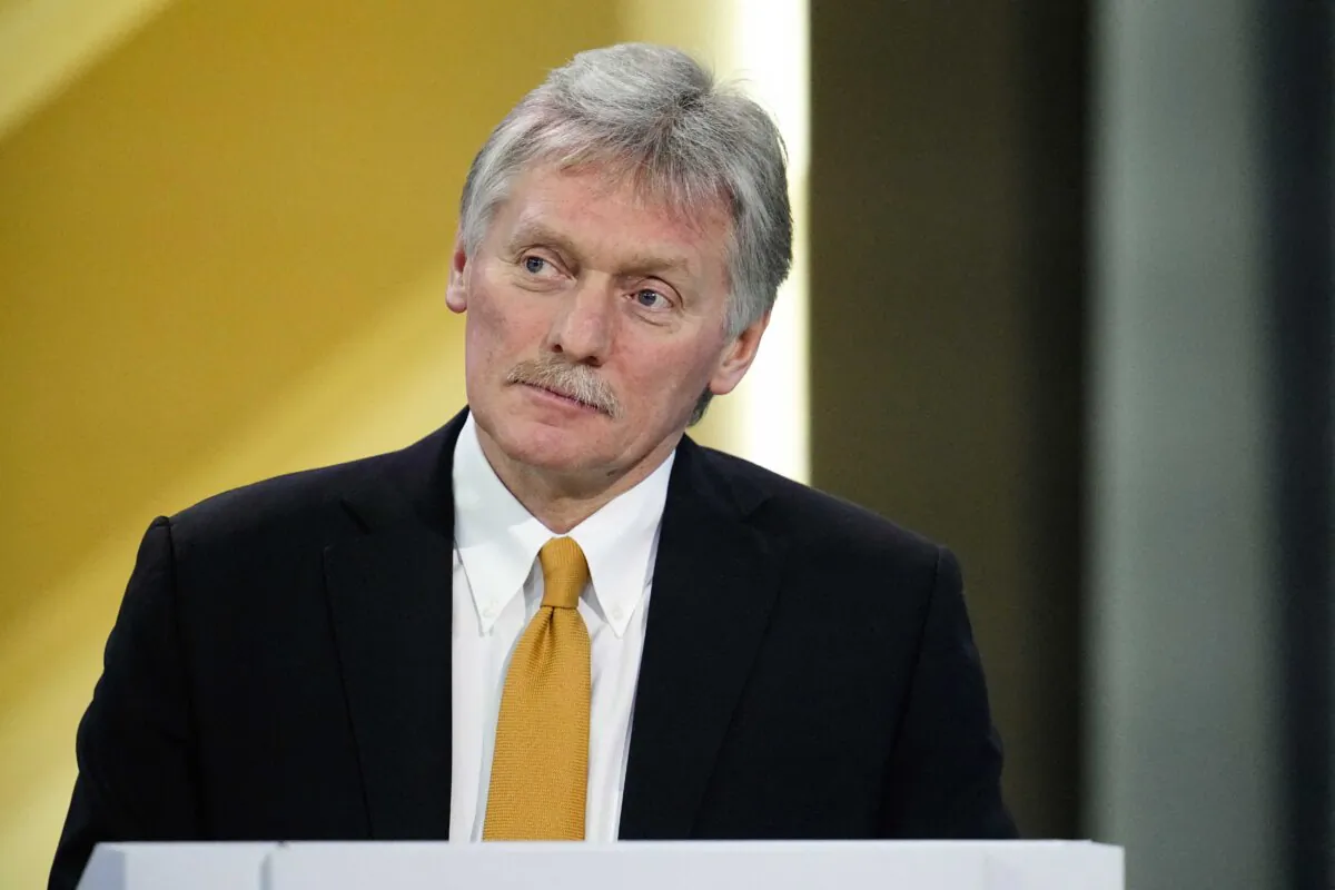 Kremlin spokesman Dmitry Peskov moderates Russian President Vladimir Putin's year-end news conference at Gostiny Dvor exhibition hall in central Moscow, Russia, on Dec. 14, 2023. (Alexander Zemlianichenko/Pool/AFP via Getty Images)