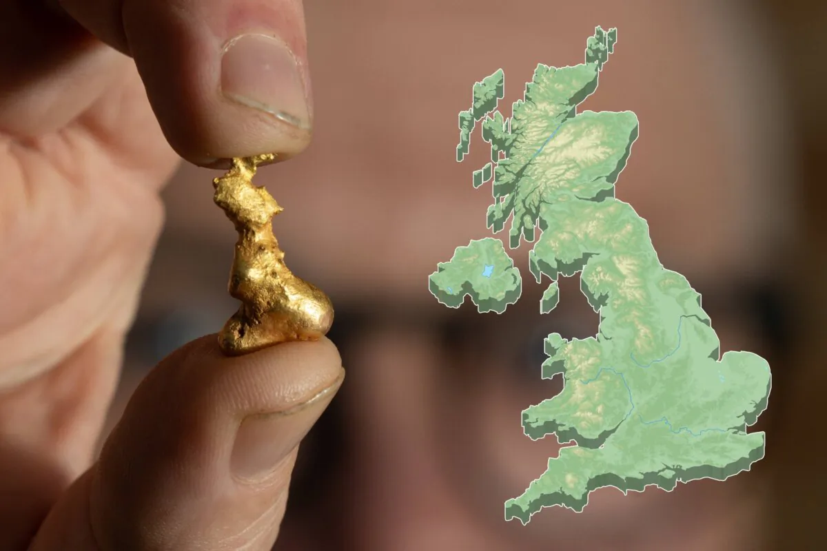 The gold nugget discovered by Jonathan Needham resembles the outline of Britain. (Photo by Tom Maddick/SWNS; Map of Britain by magr80/Shutterstock)