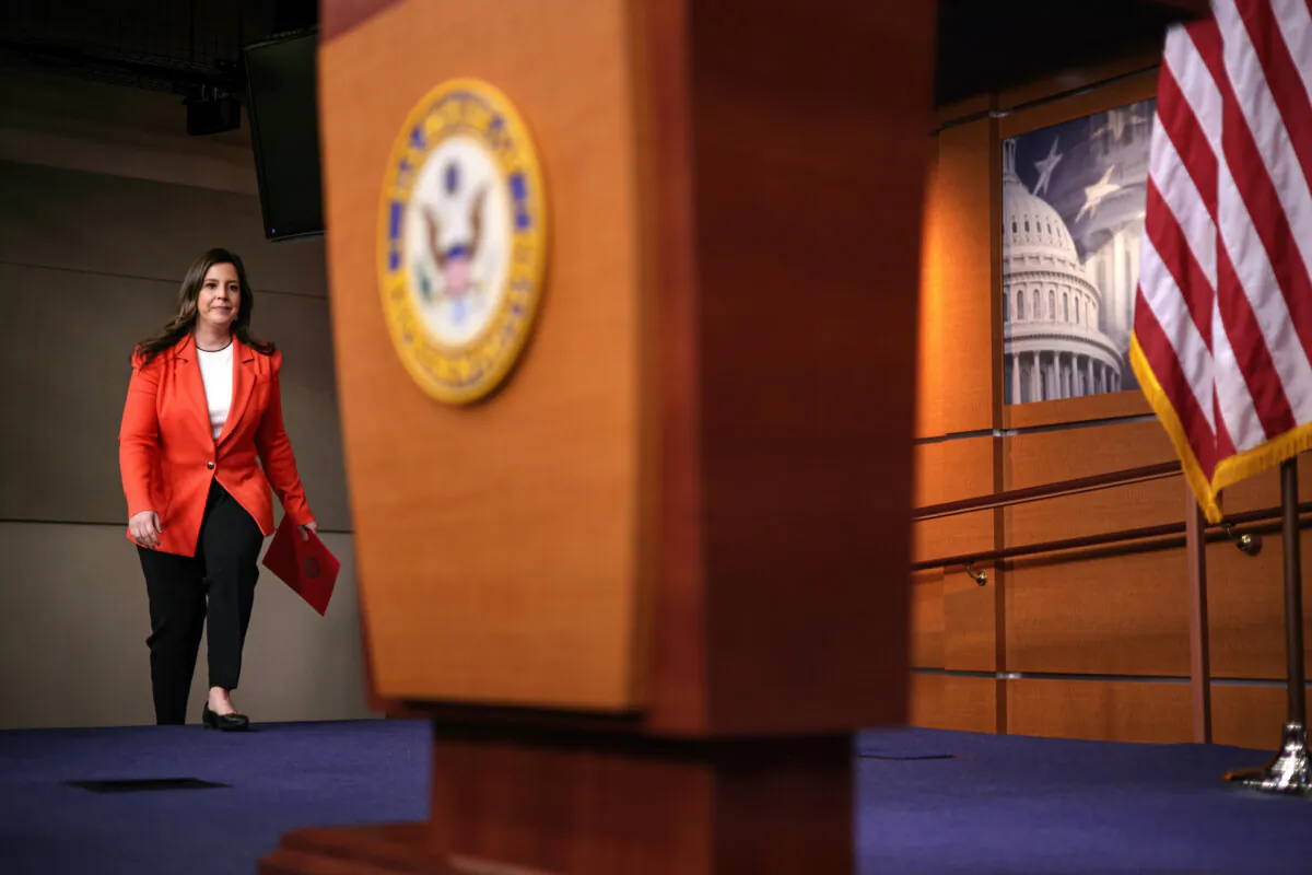 House Republican Conference Chair Rep. Elise Stefanik (R-N.Y.) arrives at a news briefing at the U.S. Capitol on Nov. 2, 2023. (Alex Wong/Getty Images)