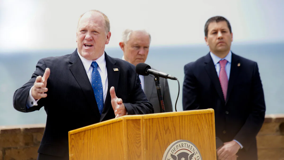 Tom Homan addresses the media during a press conference at Border Field State Park in San Ysidro, Calif., on May 7, 2018. (Sandy Huffaker/Getty Images)