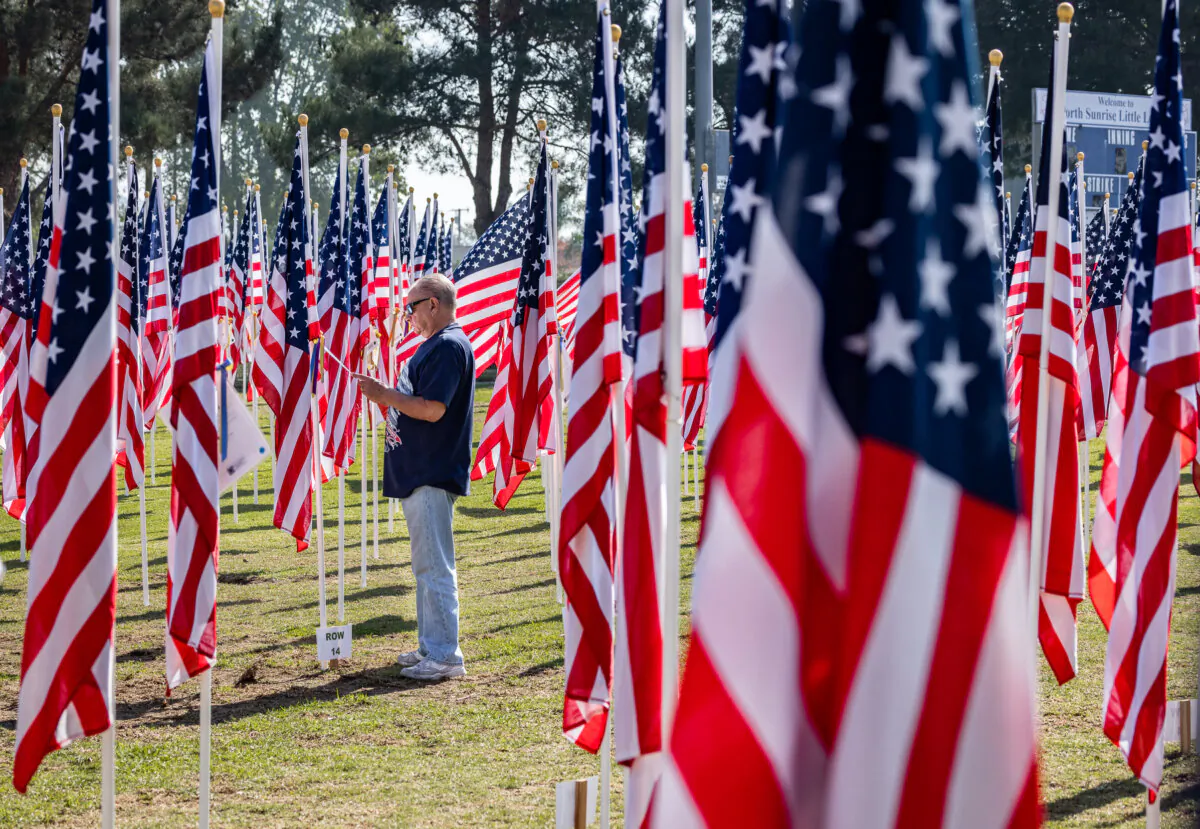 American flags on display to honor U.S. military veterans in Handy Park, in Orange, Calif., on Nov. 11, 2024. (John Fredricks/The Epoch Times)