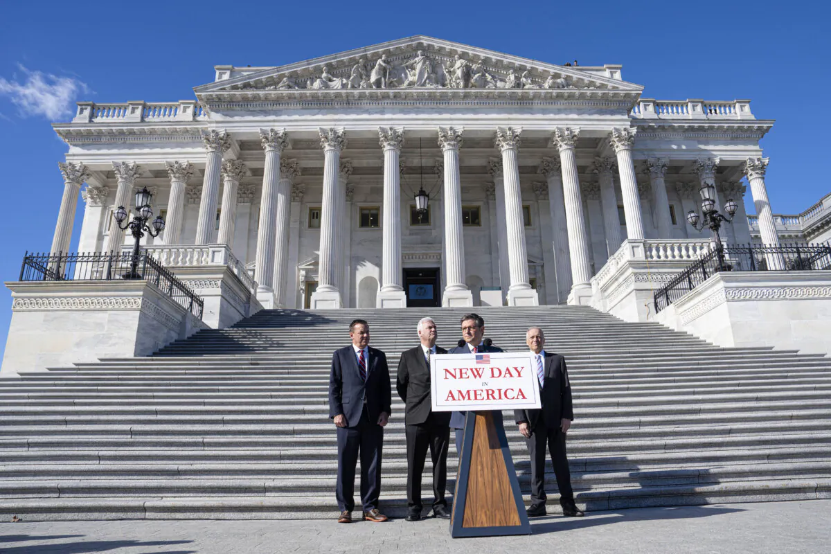 (L-R) Chair of the National Republican Congressional Committee Rep. Richard Hudson (R-N.C.), House Majority Whip Rep. Tom Emmer (R-Minn.), Speaker of the House Mike Johnson (R-La.), and House Majority Leader Rep. Steve Scalise (R-La.) speak during a first press conference since the 2024 presidential election results on Capitol Hill in Washington on Nov. 12, 2024. (Madalina Vasiliu/The Epoch Times)