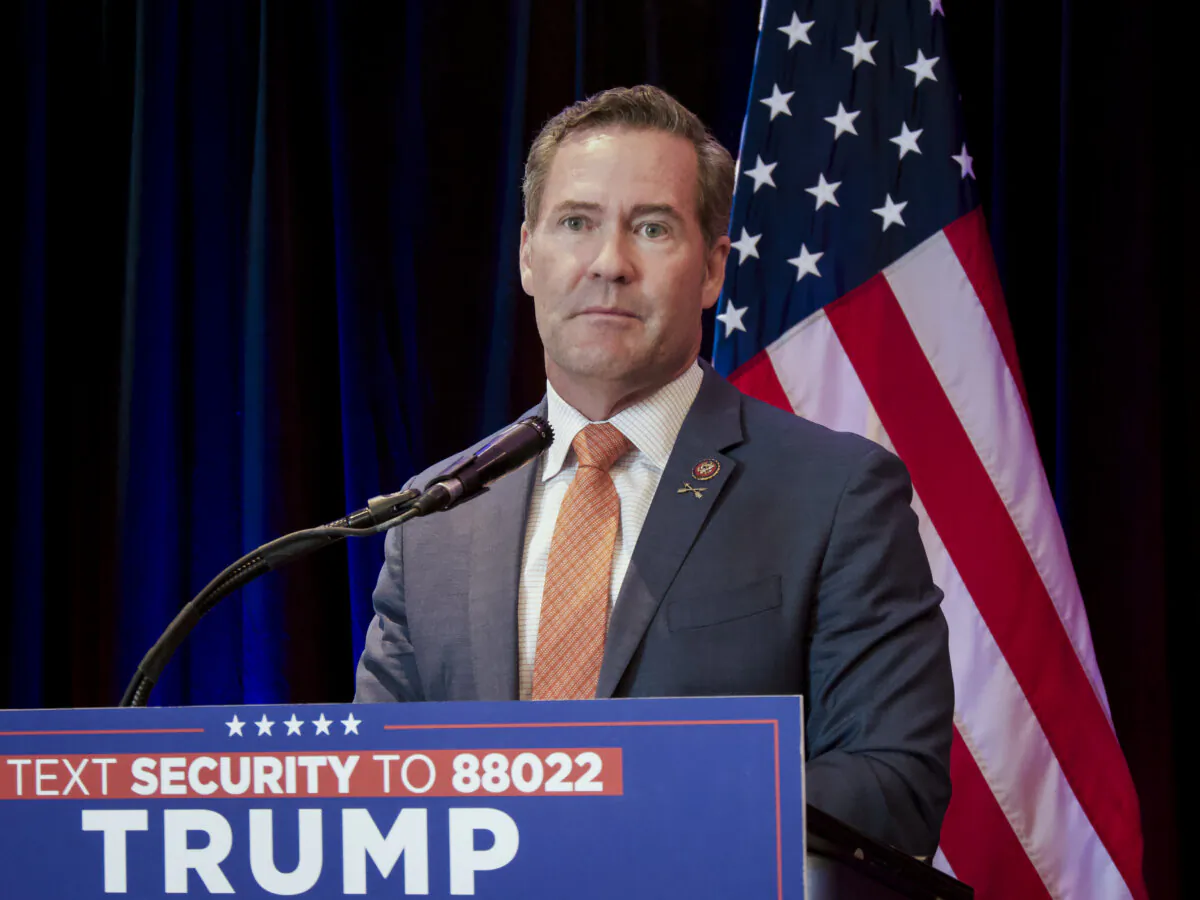 Rep. Mike Waltz (R-Fla.) speaks at a Trump campaign press conference at the Trump hotel in Chicago on Aug. 21, 2024. (Travis Gillmore/The Epoch Times)