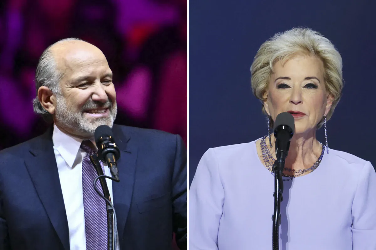 (Left) Howard Lutnick, chairman and CEO of Cantor Fitzgerald and co-chair of the Trump 2024 Transition Team, speaks at a rally for former President Donald Trump at Madison Square Garden in New York on Oct. 27, 2024; (Right) Linda McMahon, former administrator of the Small Business Administration, speaks on Day 4 of the Republican National Convention (RNC) at the Fiserv Forum in Milwaukee, Wis., on July 18, 2024. (Angela Weiss/AFP via Getty Images; Mike Segar/Reuters)