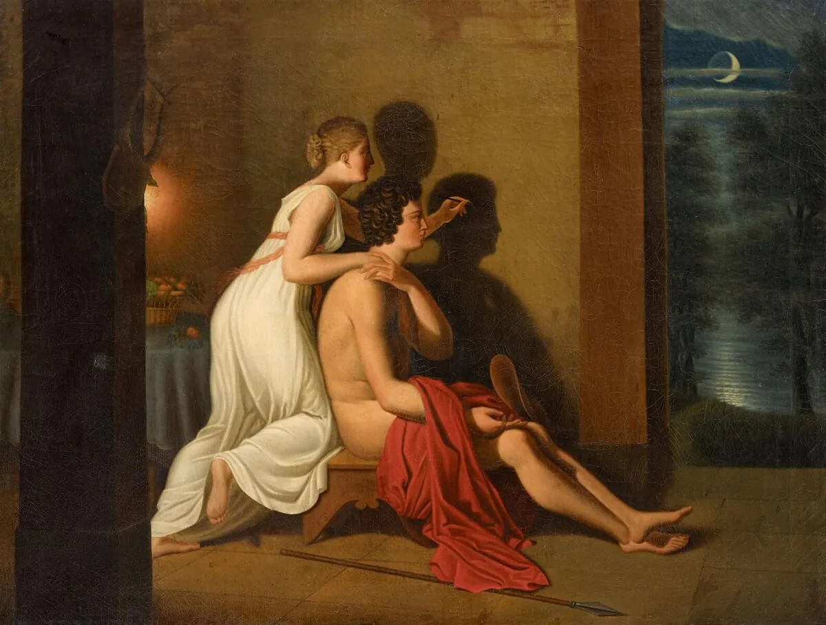 "The Invention of Painting," 1808, by Louis Ducis. Oil on canvas; 34 3/5 inches by 45 1/5 inches. France. (Public Domain)