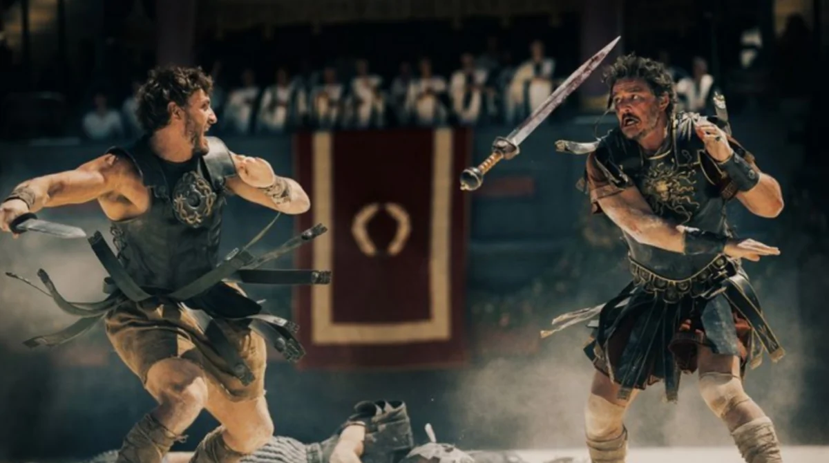 Lucius (Paul Mescal, L) and Marcus Acacius (Pedro Pascal), in "Gladiator II." (Paramount Pictures)