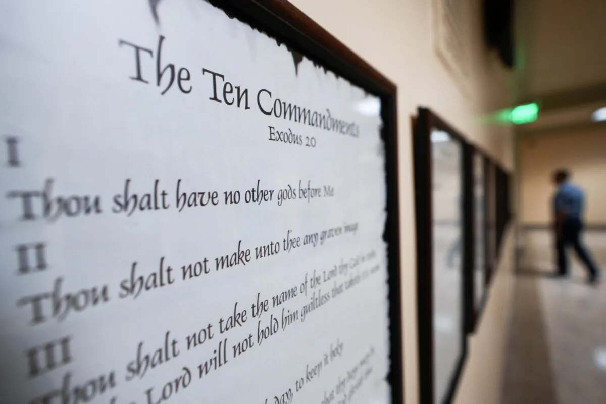 A copy of the Ten Commandments is posted along with other historical documents in a hallway of the Georgia Capitol in Atlanta on June 20, 2024. (John Bazemore/AP)