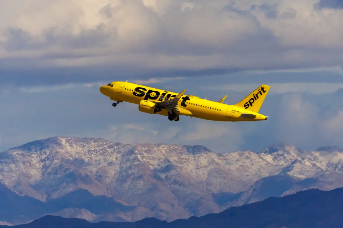 A Spirit Airlines commercial airliner after taking off from Harry Reid International Airport on Feb. 8, 2024. (Mike Blake/Reuters)
