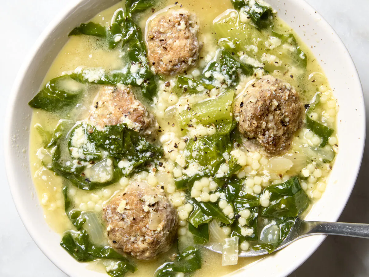 It doesn't get more comforting than a bowl of meatballs, pasta, and greens in a delicious broth. (Alex Lepe/TCA)