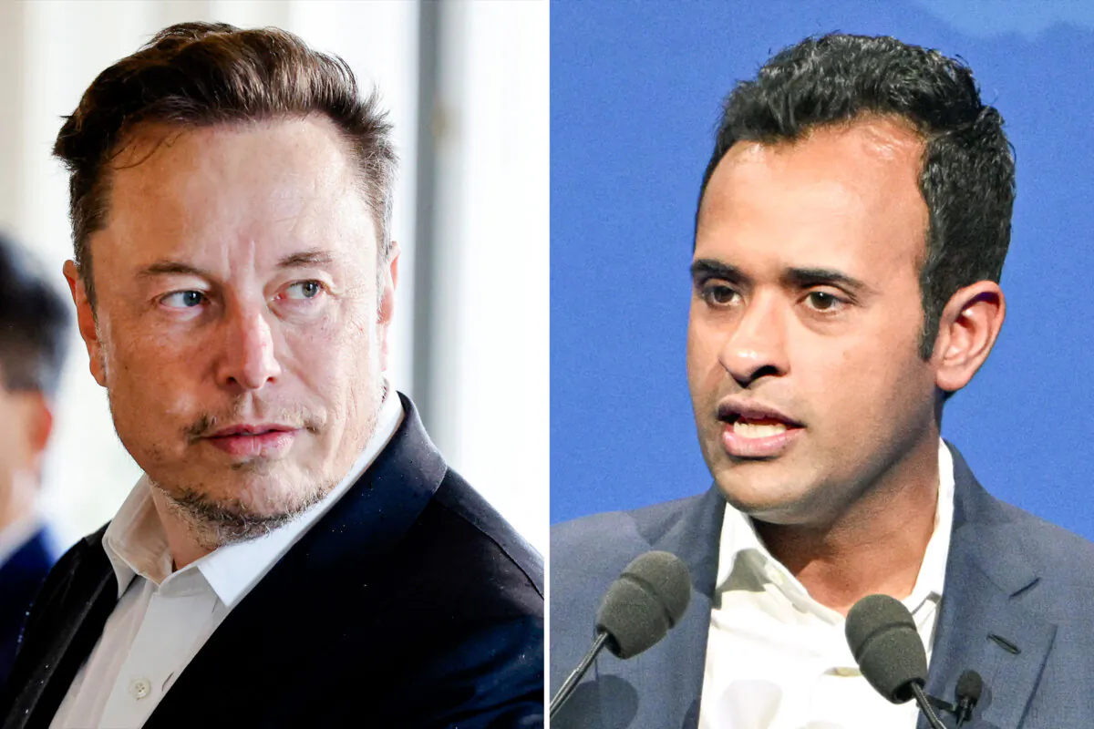(L-R) Tesla CEO Elon Musk in France on May 15, 2023. Entrepreneur Vivek Ramaswamy  in Rome on March 23, 2024. (Getty Images)