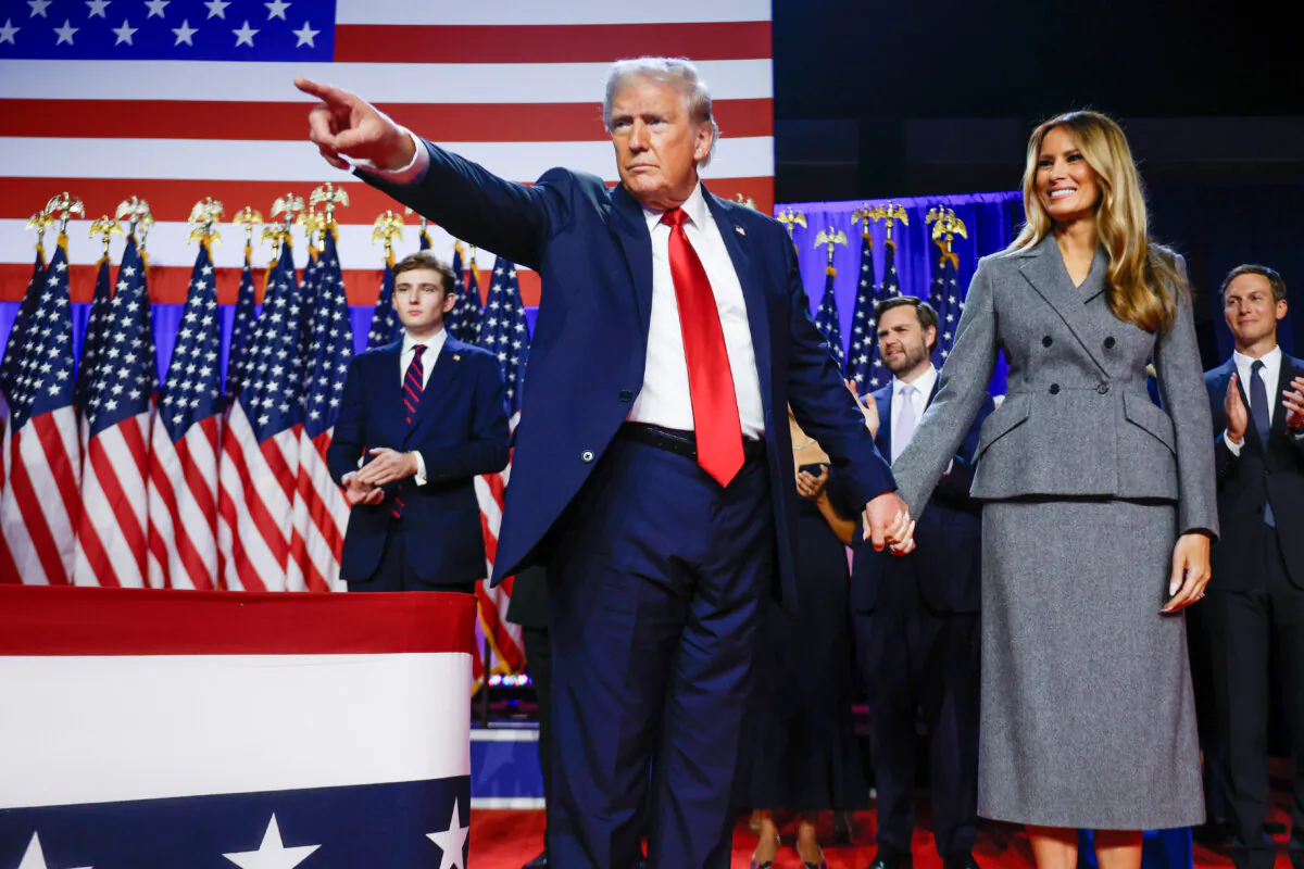 Republican presidential nominee, former U.S. President Donald Trump points to supporters during an election night event in West Palm Beach, Fla., on Nov. 6, 2024. (Chip Somodevilla/Getty Images)