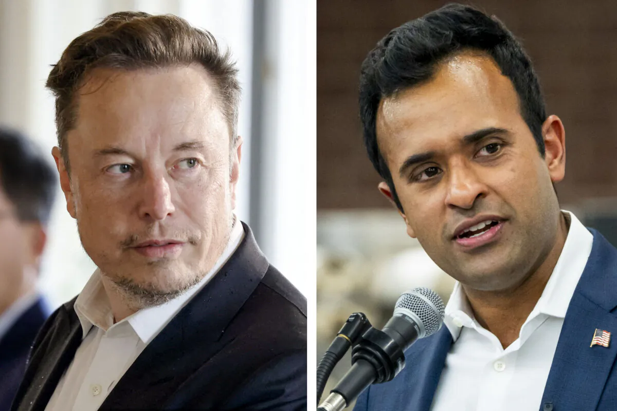 (Left) Tesla CEO Elon Musk in France on May 15, 2023. (Right) Entrepreneur Vivek Ramaswamy in Aiken, S.C., on Feb. 21, 2024. (Getty Images/The Epoch Times)