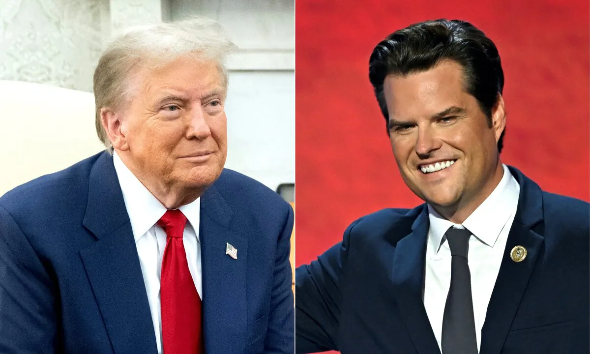U.S. President-elect Donald Trump (L) in the Oval Office of the White House in Washington, D.C., on Nov. 13, 2024; and U.S. Rep. Matt Gaetz (R) speaks during the third day of the 2024 Republican National Convention at the Fiserv Forum in Milwaukee, Wis., on July 17, 2024. (Saul Loeb and Andrew Caballero-Reynolds / AFP)