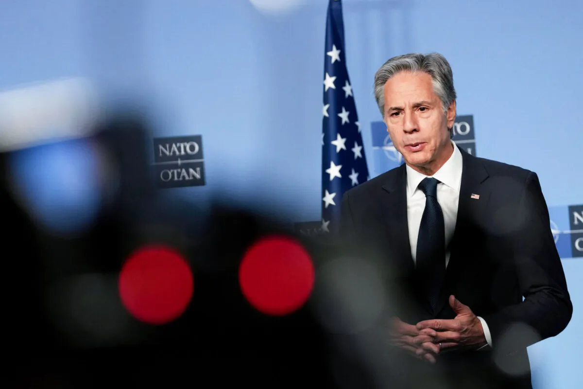 Secretary of State Antony Blinken delivers a statement before a meeting at NATO headquarters in Brussels on Nov. 13, 2024. (Virginia Mayo/AP)