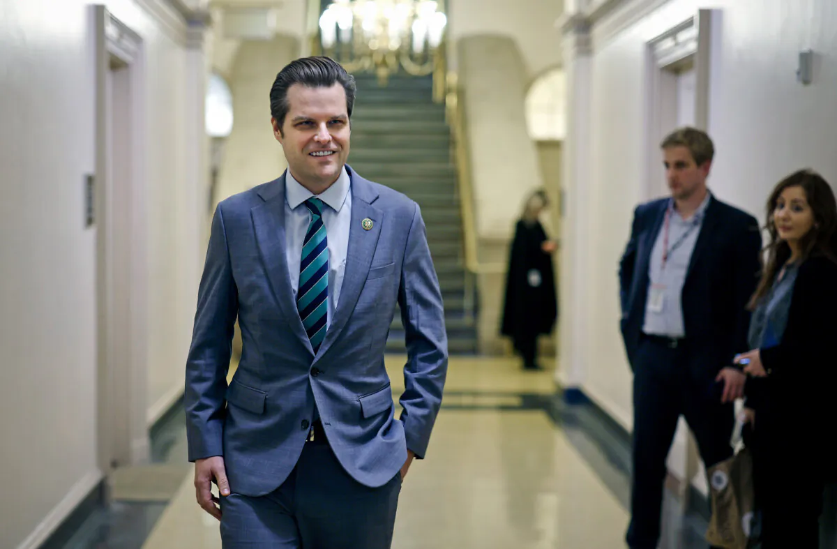 Rep. Matt Gaetz (R-Fla.) walks through the halls at the U.S. Capitol in Washington on Oct. 19, 2023. (Chip Somodevilla/Getty Images)