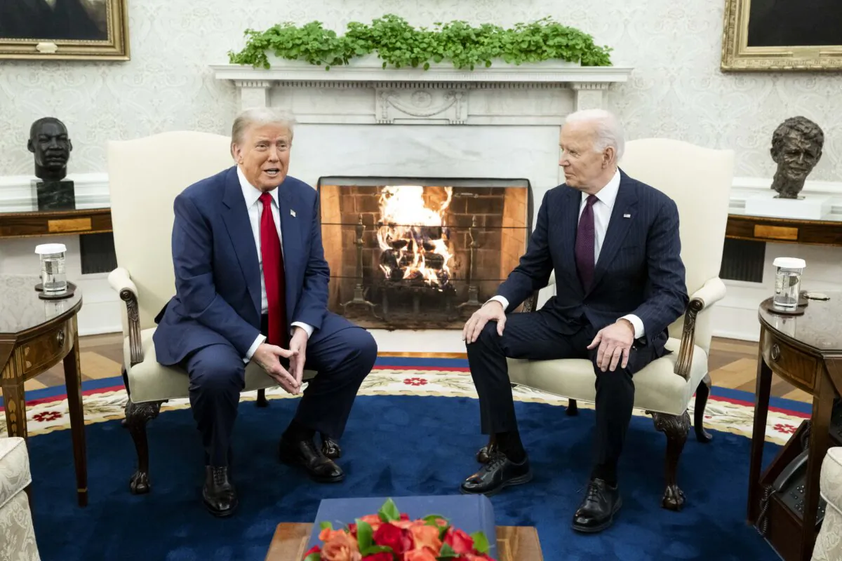 President Joe Biden shakes hands with President-elect Donald Trump during a meeting in the Oval Office of the White House on Nov. 13, 2024. (Saul Loeb/AFP via Getty Images)