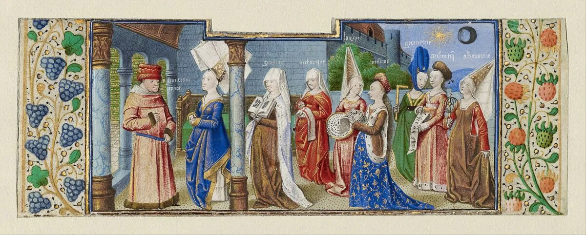 "Philosophy Presenting the Seven Liberal Arts to Boethius," circa 1460–1470, by Coëtivy Master. Getty Center, Los Angeles. (PD-US)