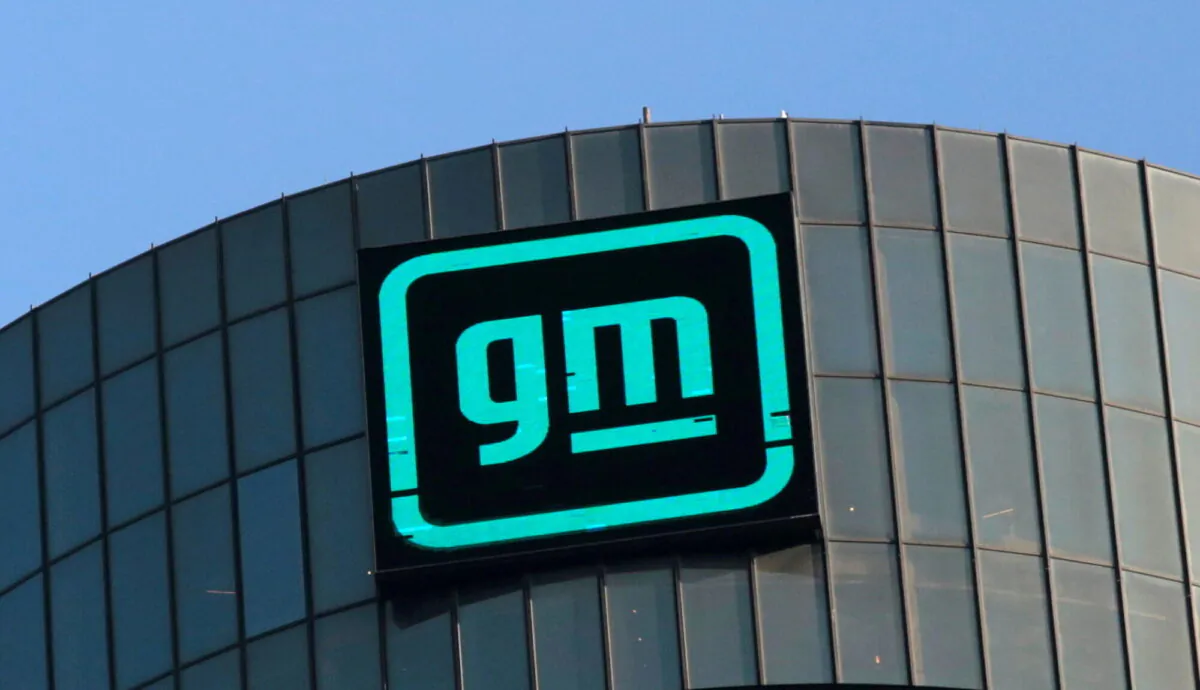The GM logo on the General Motors building in Detroit on March 16, 2021. (Rebecca Cook/Reuters)