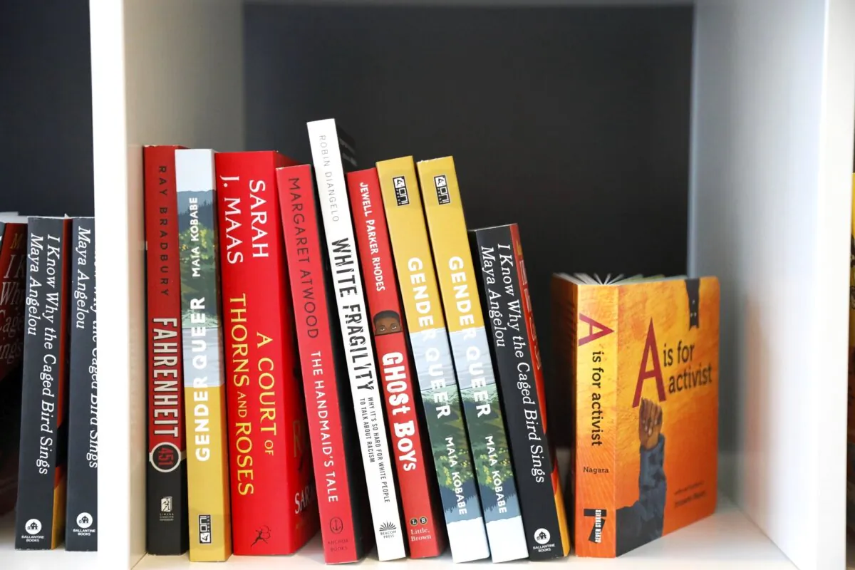 Books are displayed at the Banned Book Library at American Stage in St. Petersburg, Fla., on Feb. 18, 2023. (Jefferee Woo/Tampa Bay Times via AP)