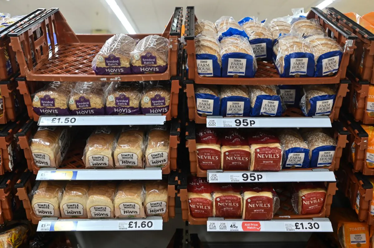 Bread packages at a Tesco supermarket, in Aylesbury, England, on Aug. 15, 2023. (Justin Tallis/AFP via Getty Images)
