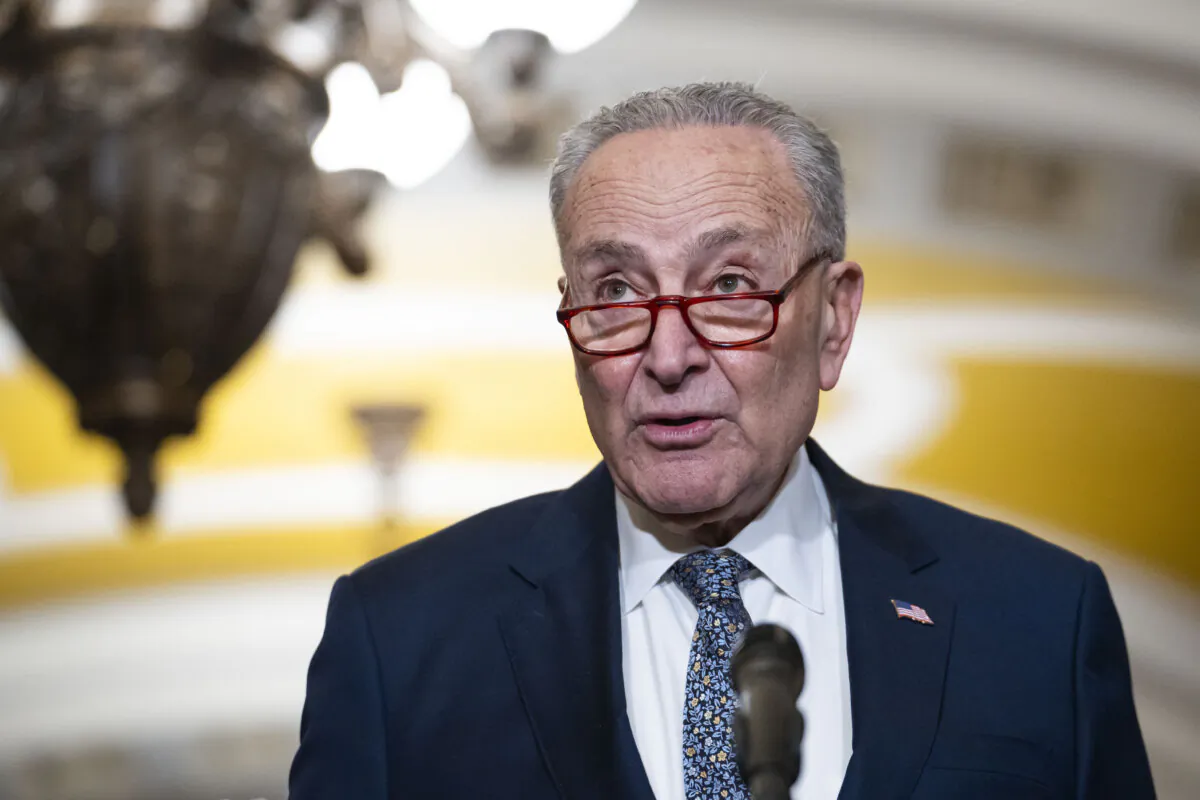 Senate Majority Leader Chuck Schumer (D-N.Y.) speaks to the press after the Senate Republican leadership election in Washington on Nov. 13, 2024. (Madalina Vasiliu/The Epoch Times)