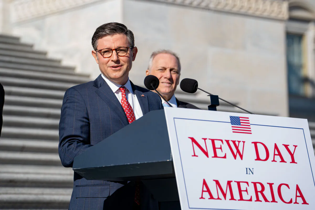 House Speaker Mike Johnson, joined by other House Republicans, speaks at a press conference following the 2024 presidential election results, on Capitol Hill in Washington on Nov. 12, 2024. (Madalina Vasiliu/The Epoch Times)