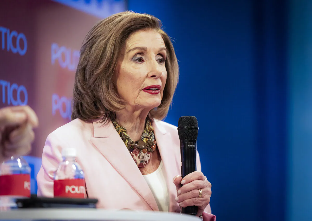 Rep. Nancy Pelosi (D-Calif.), speaks at the 2024 DNC in Chicago., Ill., on Aug. 22, 2024. (John Fredricks/The Epoch Times)