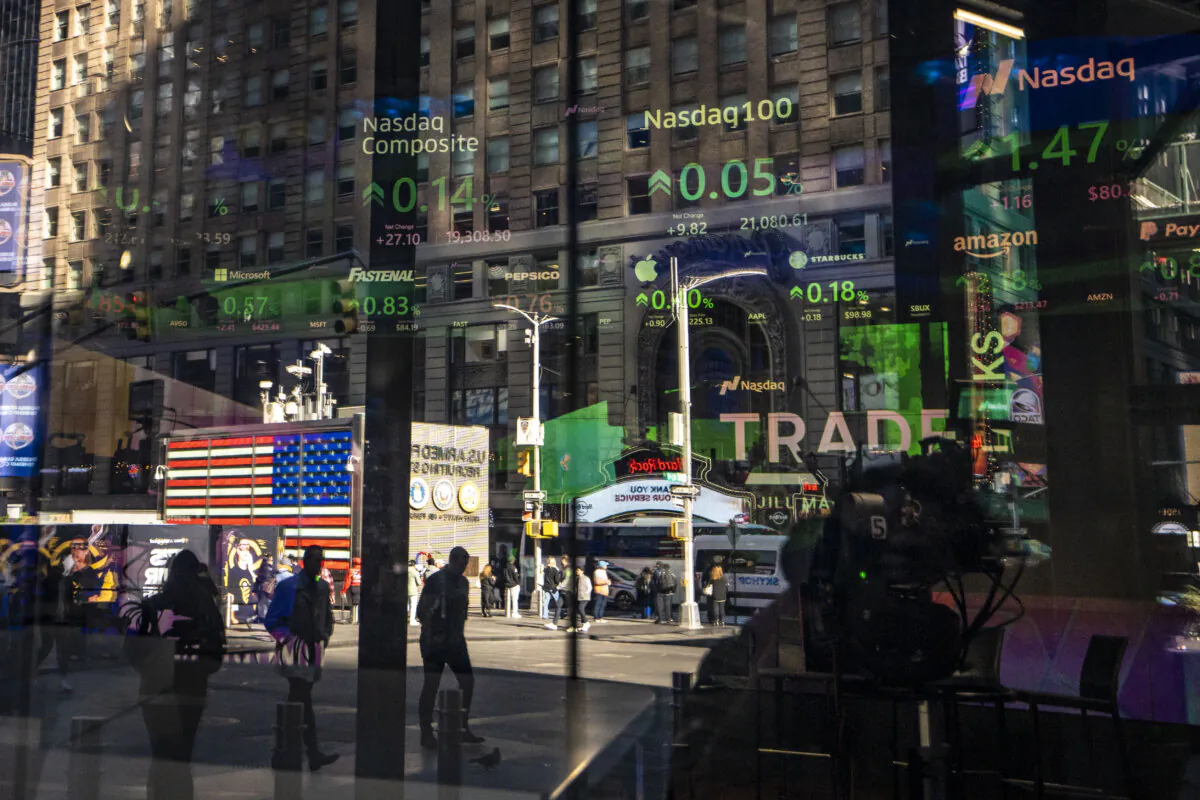 The Nasdaq MarketSite in Times Square in New York City, on March 2, 2024. (Samira Bouaou/The Epoch Times)