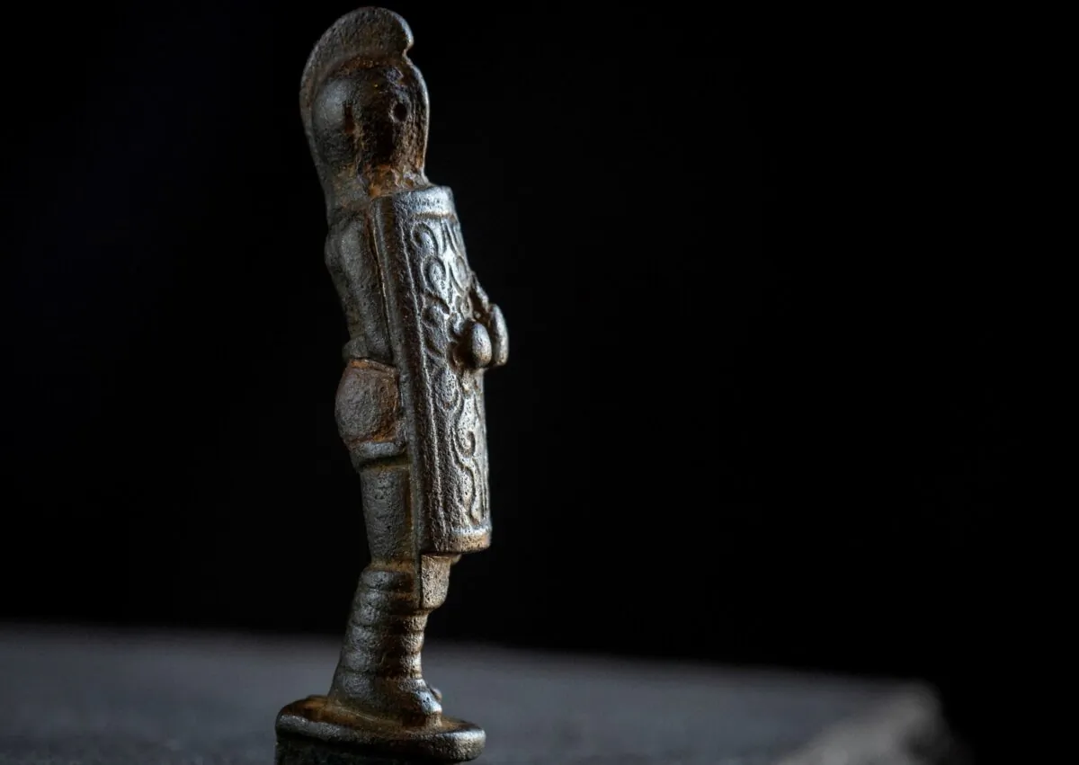 View of a 2,000-year-old Roman knife handle, shaped like a gladiator that was discovered in 1997 in the River Tyne at Corbridge Roman Town, Northumberland, Britain, on Nov. 11, 2024. (English Heritage/Handout via Reuters)