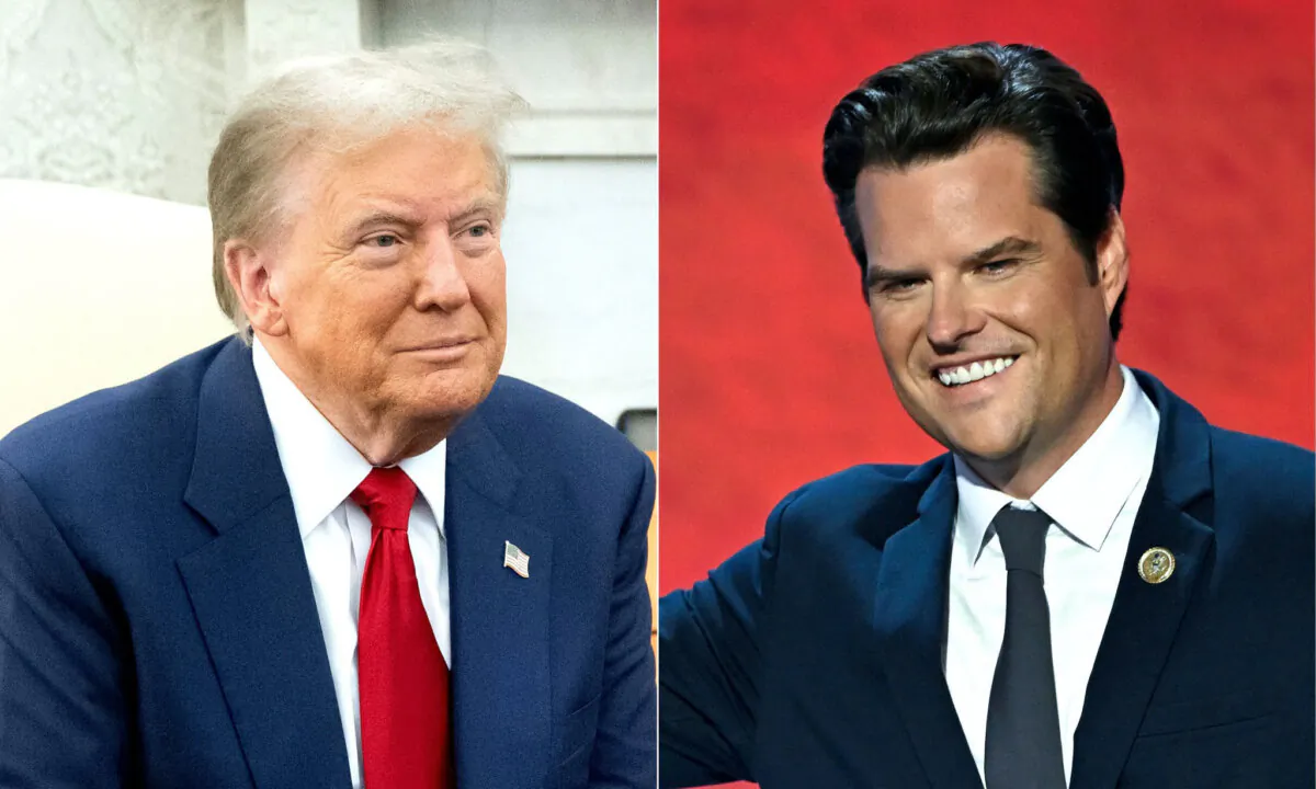 (Left) President-elect Donald Trump visits the Oval Office at the White House in Washington, on Nov. 13, 2024, and (Right) Rep. Matt Gaetz (R-Fla.) speaks at the Republican National Convention in Milwaukee on July 17, 2024. (Saul Loeb and Andrew Caballero-Reynolds/ AFP)