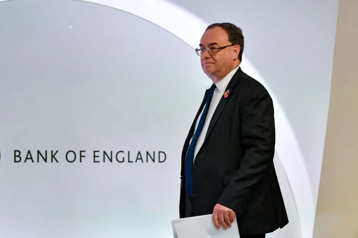 Bank of England Gov. Andrew Bailey arrives to address the Monetary Policy Report Press Conference at The Bank of England, in London, on Nov. 4, 2021. (Justin Tallis/ Reuters)