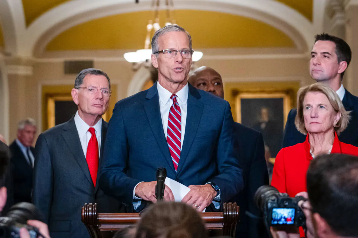 Incoming Senate Majority Leader Sen. John Thune (R-S.D.) after the Senate Republican leadership election in Washington on Nov. 13, 2024. (Madalina Vasiliu/The Epoch Times)