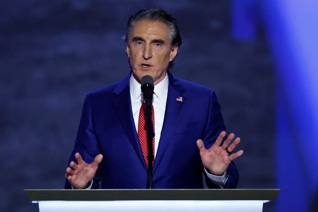 North Dakota Gov. Doug Burgum speaks on stage on the third day of the Republican National Convention at the Fiserv Forum in Milwaukee on July 17, 2024. (Chip Somodevilla/Getty Images)