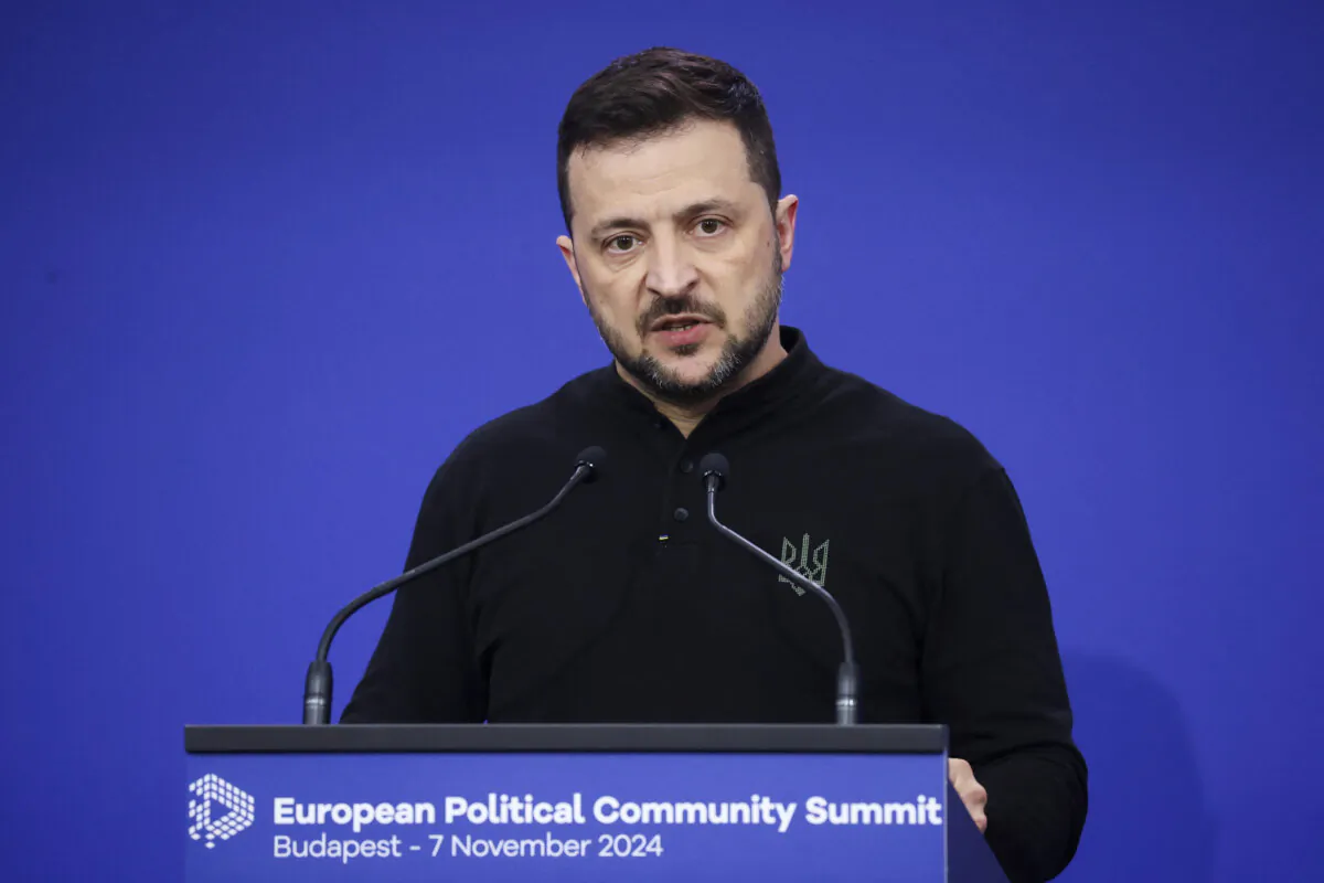 Ukrainian President Volodymyr Zelenskyy speaks at a press conference during the European Political Community Summit in Budapest, Hungary, on Nov. 7, 2024. (Bernadett Szabo/Reuters)