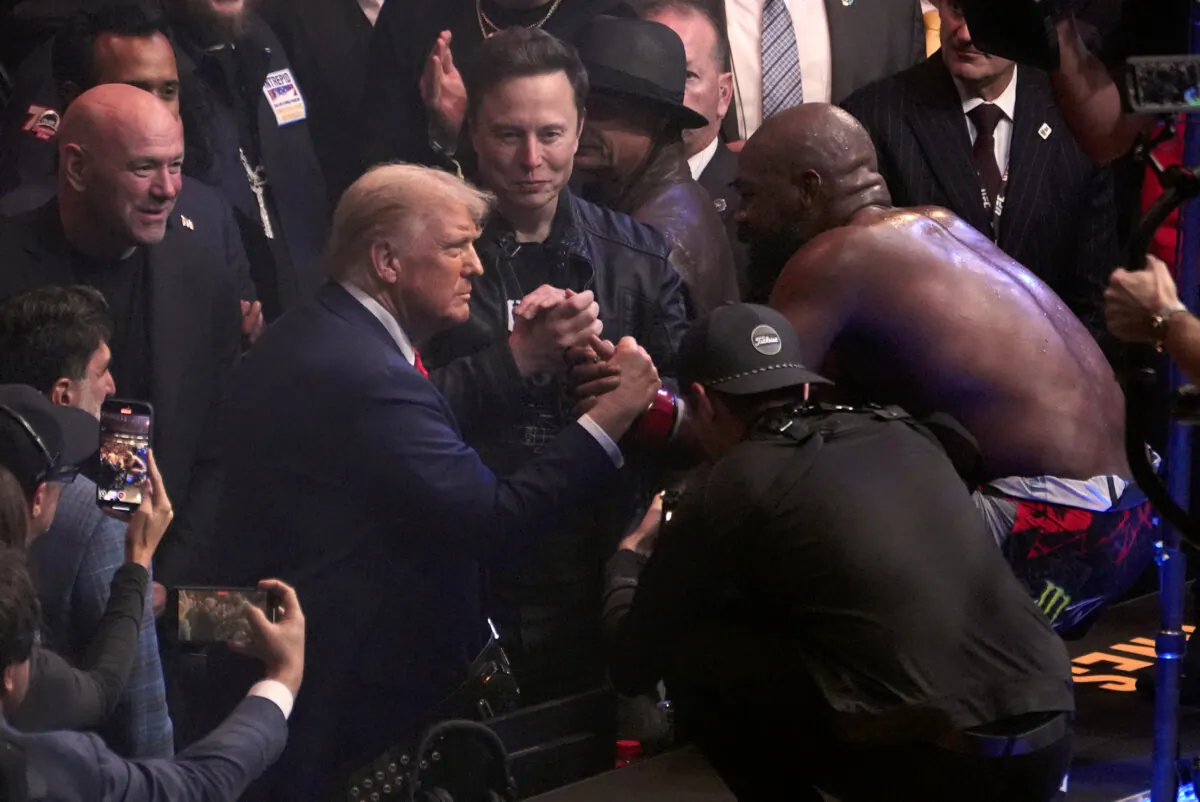 President-elect Donald Trump greets Jon Jones after he defeated Stipe Miocic at UFC 309 at Madison Square Garden in New York early on Nov. 17, 2024. (Evan Vucci/AP Photo)