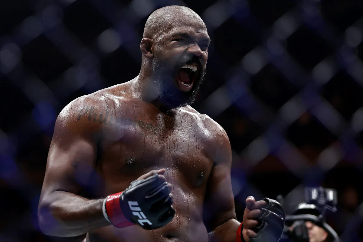 Jon Jones reacts after defeating Stipe Miocic in a UFC 309 mixed martial arts heavyweight title bout in New York early on Nov. 17, 2024. (Adam Hunger/AP Photo)