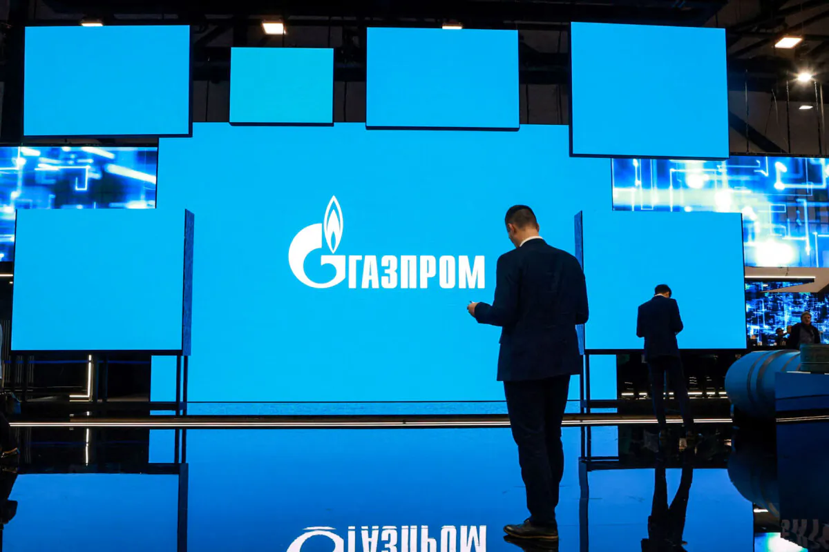 The logo of Gazprom is displayed on a screen during the Saint Petersburg international gas forum in Saint Petersburg, Russia, on Sept. 15, 2022. (Anton Vaganov/Reuters)