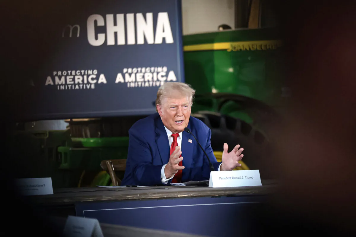 Republican presidential nominee former President Donald Trump speaks at a campaign event to address concerns about the threat of communist China to U.S. agriculture, at the Smith Family Farm in Smithton, Pa., on Sept. 23, 2024. (Win McNamee/Getty Images)