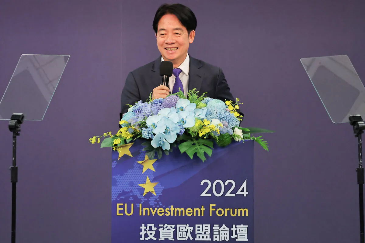 Taiwan President Lai Ching-te speaks at the annual Taiwan-EU investment forum in Taipei, Taiwan, on  Nov. 18, 2024. (Ann Wang/Reuters)