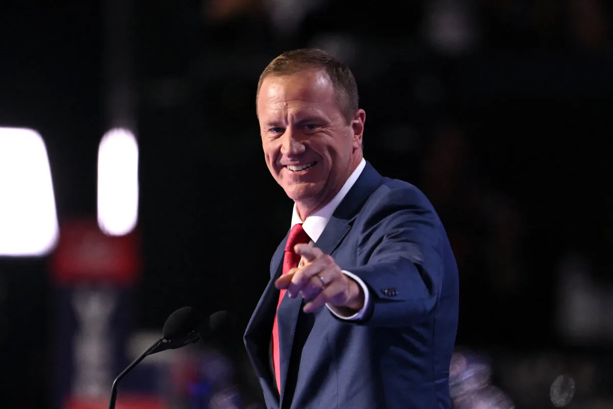 Sen. Eric Schmitt (R-Mo.) speaks during the second day of the 2024 Republican National Convention at the Fiserv Forum in Milwaukee on July 16, 2024. (Patrick T. Fallon/AFP via Getty Images)